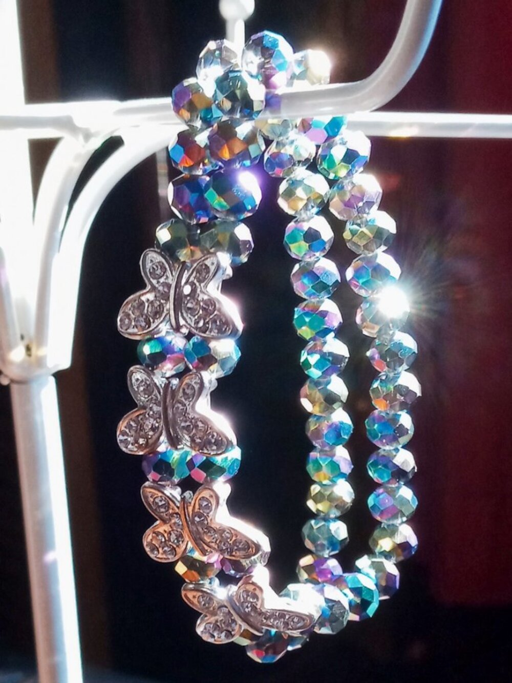 🦋Aurora Borealis Coated Crystal Beads & Pavé Rhinestone Butterfly Bracelet🦋